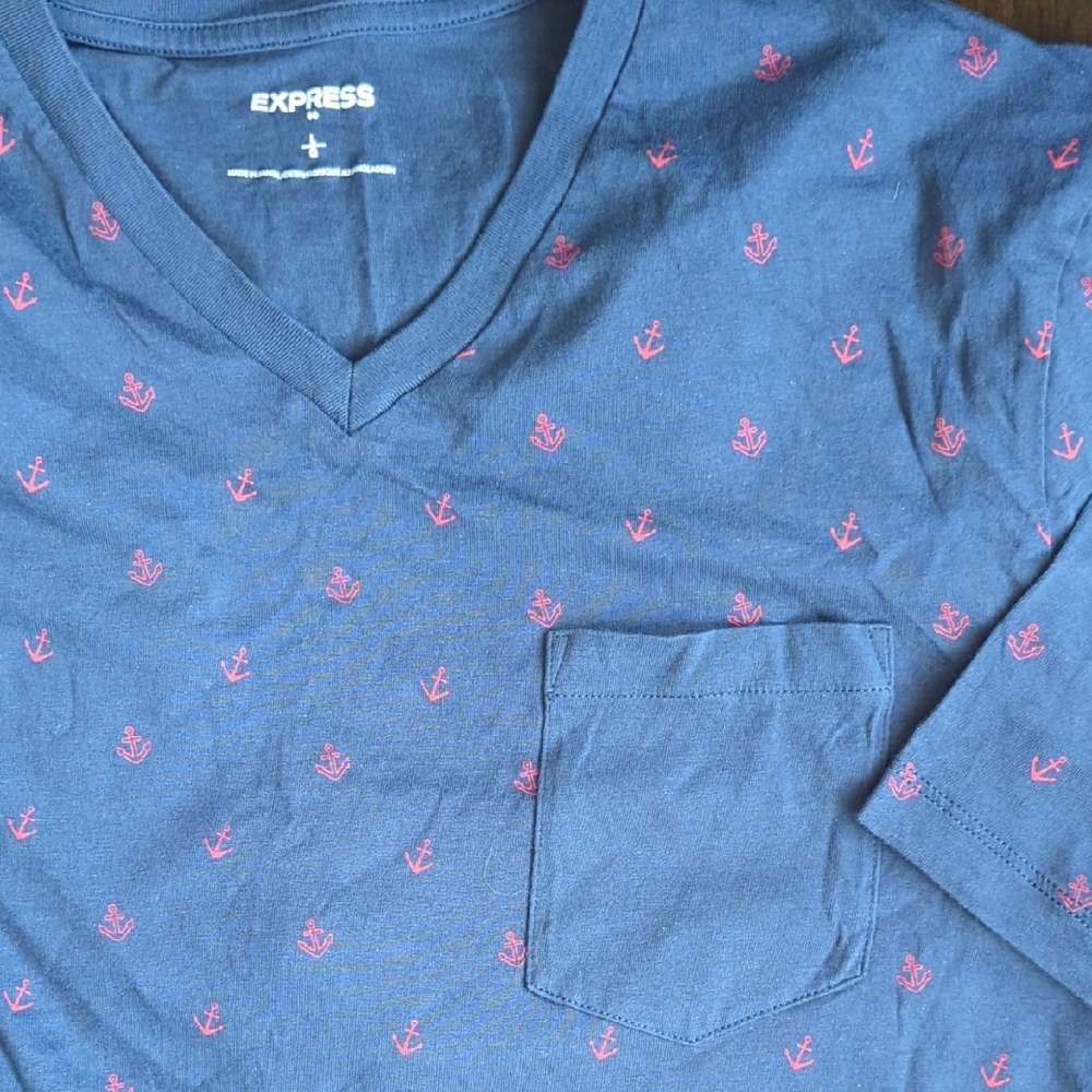 Express Men's Navy Shirt with Coral Anchor Pattern